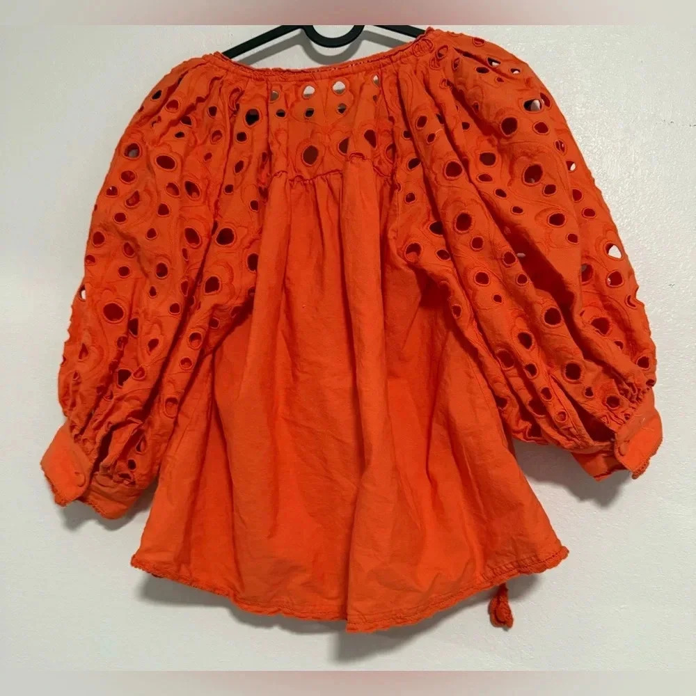 Anthropologie Chantal Eyelet Puff Sleeve Blouse sz XS Orange Button Front Top - Picture 4 of 4